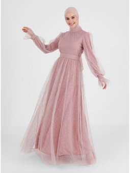 Desenli Tül Ve Kemer Detaylı Simli Pembe Abiye Elbise