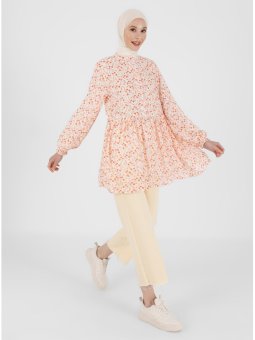 Viskon Kumaşlı Çiçek Desenli Orange Tunik