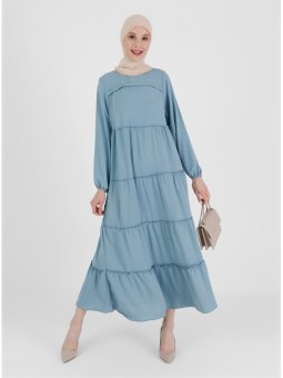 Balon Kollu Salaş Açık İndigo Elbise