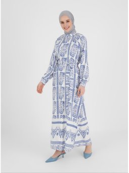 Çiçek Ve Bordür Desenli Viskon Saks Mavisi Elbise