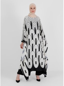 Geometrik Desenli Saten Ekru Siyah Ferace