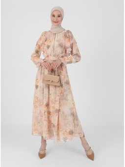 Volan Detaylı Şifon Turuncu Çiçekli Elbise