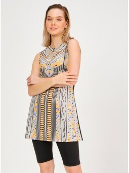 Siyah Çiçek Desenli Sıfır Kol Yarı Kapalı Mayo