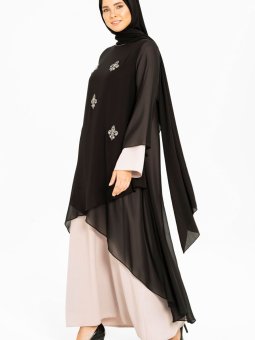 Bej / Siyah Taş Ve Şifon Detaylı Abiye Elbise