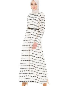 Ekru Çiçek Nakışlı Ve Hasır Kemerli Elbise