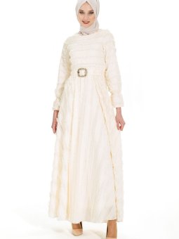 Krem Saçaklı Abiye Elbise