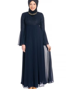 Lacivert Kolyeli Dantelli Abiye Elbise
