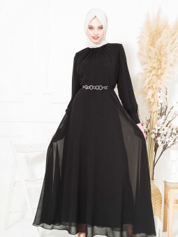 Siyah Halka Kemerli Şifon Abiye Elbise