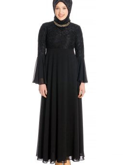 Siyah Kolyeli Dantelli Abiye Elbise