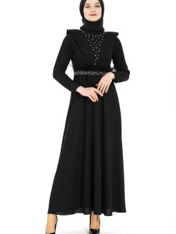 Siyah Taş İşleme Detaylı Abiye Elbise