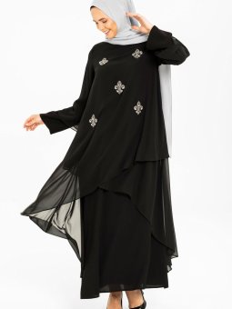 Siyah Taş Ve Şifon Detaylı Abiye Elbise