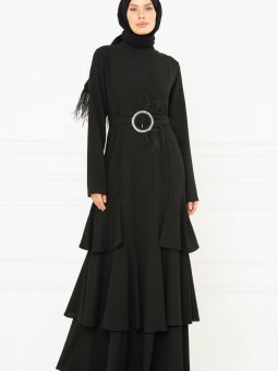 Siyah Volan Detaylı Abiye Elbise