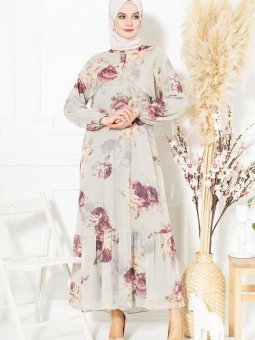 Yeşil Desenli Çiçek Şifon Elbise