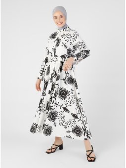 Çiçek Desenli Poplin Siyah Beyaz Gömlek Elbise