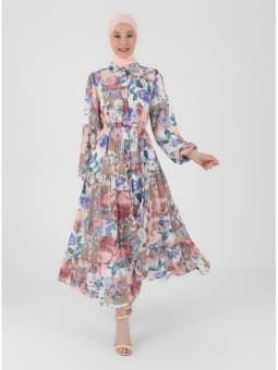 Patchwork Desenli Şifon Pudra Kahverengi Elbise