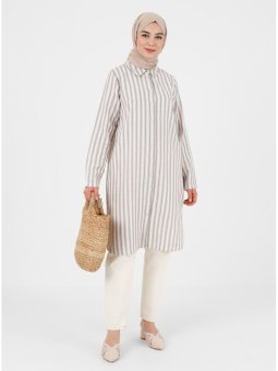 Naturel Kumaş Tam Boy Düğmeli Vizon Gömlek Tunik