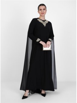 Büyük Beden Boncuk Detaylı Tüllü Siyah Abiye Elbise