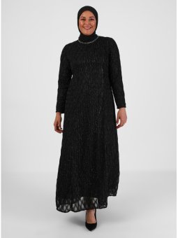 Simli Taş Detaylı Büyük Beden Siyah Abiye Elbise