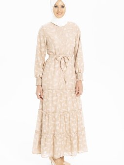 Bej Nervürlü Yaprak Baskılı Şifon Elbise