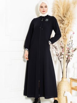 Lacivert Taş İşlemeli Broş Detaylı Ferace