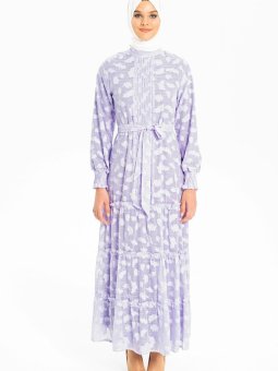 Lila Nervürlü Yaprak Baskılı Şifon Elbise