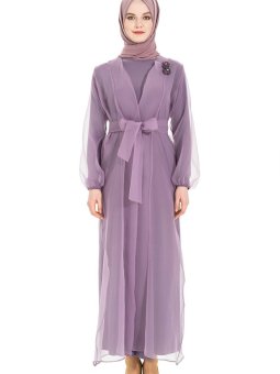 Lila Organze Kuşaklı Abaya Takım