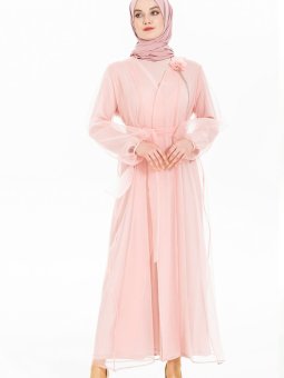 Pudra Organze Kuşaklı Abaya Takım