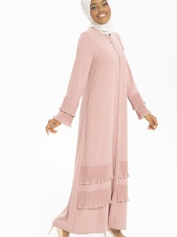 Pudra Şifon Piliseli Fermuar Detaylı Ferace