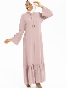 Pudra Yakası Bağcıklı Taş İşlemeli Ferace