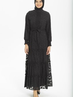 Siyah Nervürlü Yaprak Baskılı Şifon Elbise