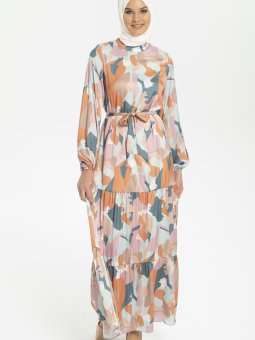 Yeşil Desenli Fırfırlı Sulu Boya Elbise