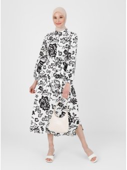 Çiçek Desenli Poplin Siyah Gömlek Elbise