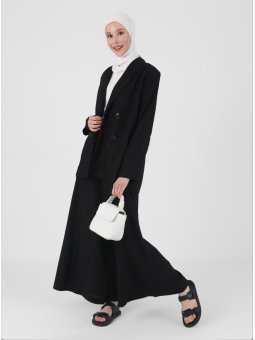 Çift Kapama Keten Siyah Ceket