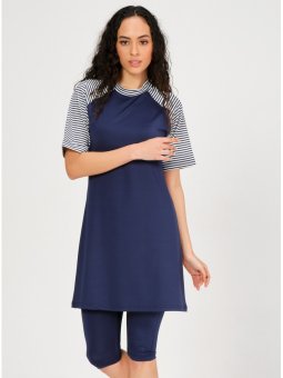 Lacivert Çizgili Yarım Kol Yarı Kapalı Mayo