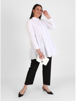 Beyaz Büyük Beden Boydan Düğmeli Tunik