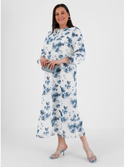 Büyük Beden Çiçek Desenli Şifon Ekru İndigo Elbise