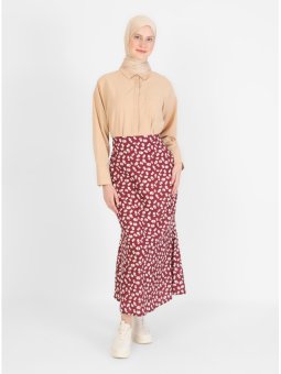 Desenli Uzun Bordo Çiçek Etek