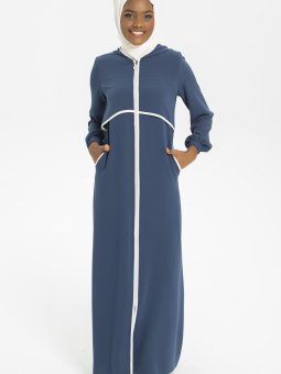 İndigo Biye Detaylı Keten Ferace