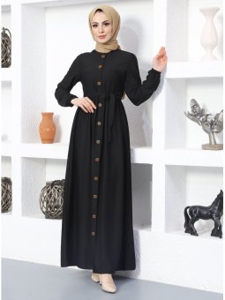 Önden Düğmeli Bisiklet Yaka Siyah Elbise