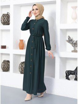 Önden Düğmeli Bisiklet Yaka Zümrüt Yeşili Elbise