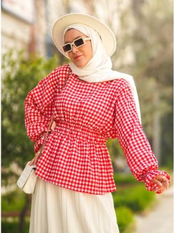 Bel Ve Manşeti Büzgü Lastikli Kareli Bordo Bluz