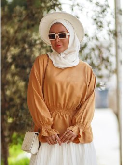 Beli Ve Manşeti Bizgü Lastikli Bluz Vizon Gömlek