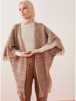 Etek Ve Kol Ucundan Püsküllü Triko Vizon Panço