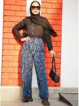 Zebra Desenli Salaş Siyah İndigo Pantolon