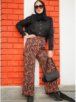 Zebra Desenli Salaş Siyah Somon Pantolon