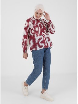 Geometrik Desenli Bordo Gömlek