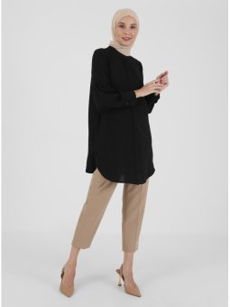 Gizli Düğmeli Balon Kol Aerobin Siyah Tunik
