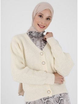 İnci Düğme Detaylı Triko Ekru Hırka