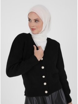 İnci Düğme Detaylı Triko Siyah Hırka