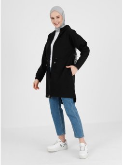 Kapüşonlu Belden Büzgülü Siyah Kap